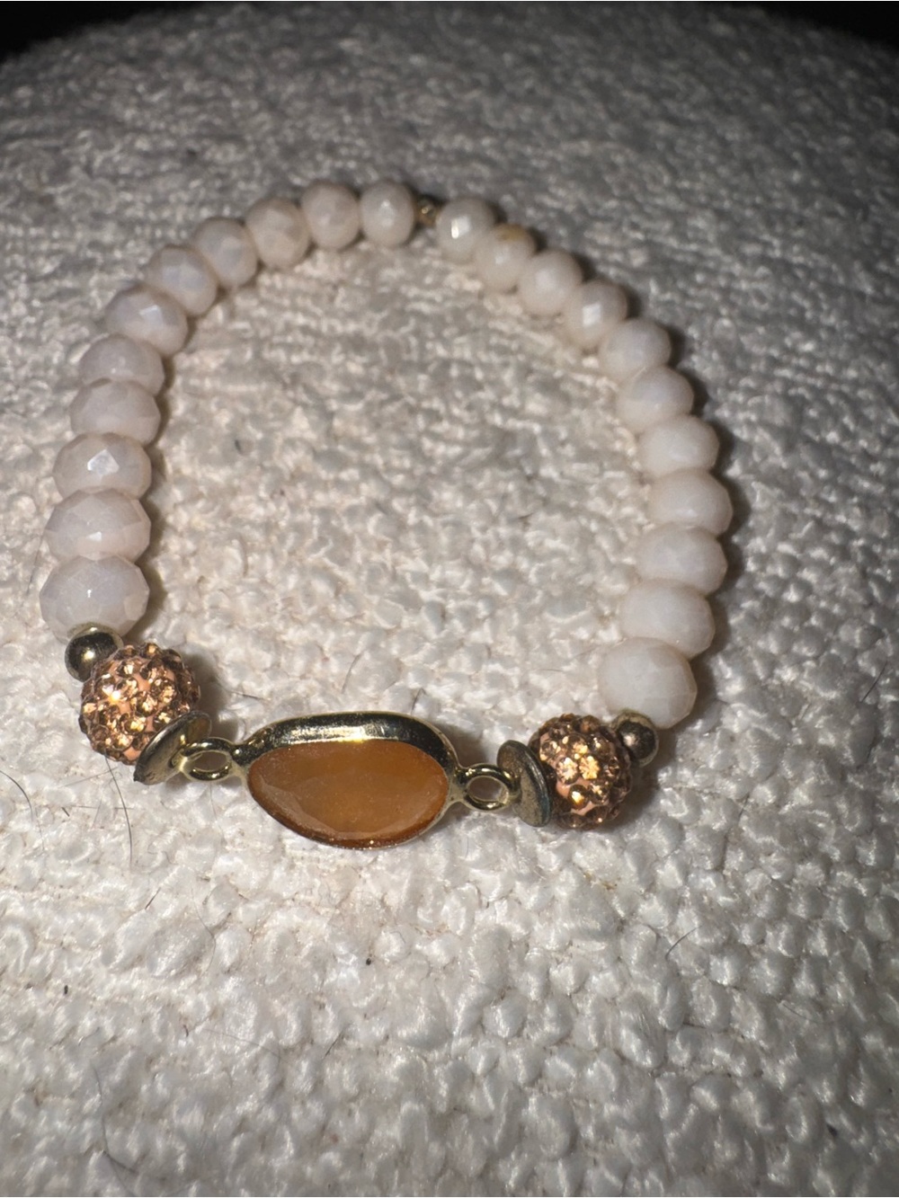 Cream Beaded Stretch Bracelet with Amber Accent and Gold Detail